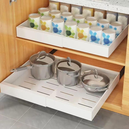 Organizator extensibil si ajustabil, sertar glisant din cu 3 sine laterale, capacitate mare pentru bucatarie, baie, dulap si altele