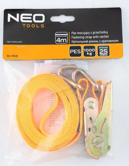 Bandă de fixare cu clichet, 25 mm x 4 metri, cu o capacitate de încărcare de 1000 kg, fabricată din poliester
