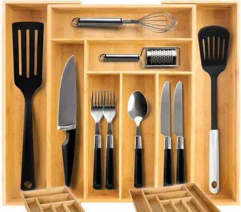 Suport extensibil din bambus, pentru tacamuri si ustensile de bucatarie, pentru organizarea sertarelor, cu 8 compartimente extensibile, mare, 33.5-50 CM