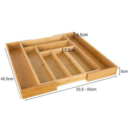 Suport extensibil din bambus, pentru tacamuri si ustensile de bucatarie, pentru organizarea sertarelor, cu 8 compartimente extensibile, mare, 33.5-50 CM